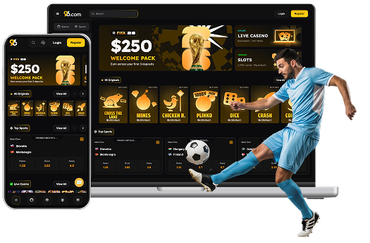 96 platform Overview head - 96.com official website Dark-themed online casino interface on laptop and mobile, with a soccer player kicking a ball in front, highlighting bonus offers and games.