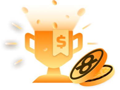 96com Commission - 96.com official website Gold trophy with a dollar-sign ribbon and stacked coins, symbolizing prize money or winnings.