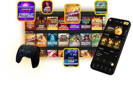 96com Esport Betting - 96.com official website Tablet-style display with a grid of colorful game icons, a black game controller in front, and a smartphone on the right showing a dark, gold-accented game dashboard — illustrating a gaming app store experience.