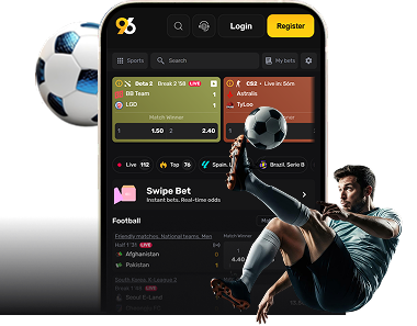 96com Football - 96.com official website Betting app on a tablet screen showing live matches; 'Login' and 'Register' buttons visible, with a soccer ball and a kicking player beside.