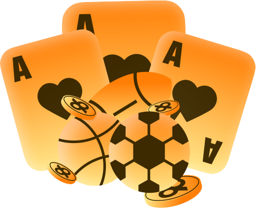 Casino-themed collage with three ace playing cards, coins, and sports balls (basketball and soccer) overlapping.