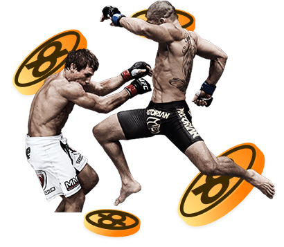 96com UFC Boxing - 96.com official website Two mixed martial artists collide in mid-air kick and punch, bare-chested and wearing shorts, with orange logos around them