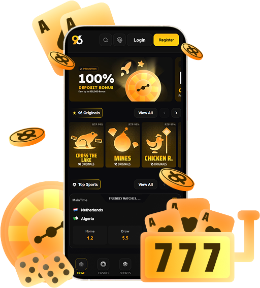 96com Understanding Bet Types - 96.com official website Smartphone displaying an online casino app with a 100% deposit bonus, game icons, and login/register buttons, surrounded by gold coins and playing cards.
