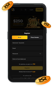 96com signup - 96.com official website Mobile app registration screen on a dark UI with fields for Email, Phone, Username, Password and a Register button; decorative gold coins around the device.