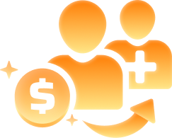 Invite Earn - 96.com official website Illustration of two people icons with a dollar coin, plus sign, and curved arrow, symbolizing funding or donations from a team.