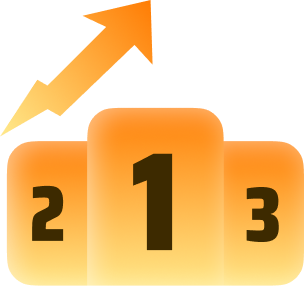 PERFORMANCE TRACKING - 96.com official website Podium showing first place center with second and third on sides, plus an orange gradient arrow pointing upward to indicate growth.