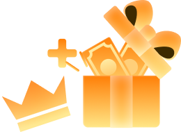 Register96com KICK OFF WITH 6X BONUS - 96.com official website Orange gift box with a ribbon, accompanied by a crown and celebratory shapes, conveying a prize or reward.