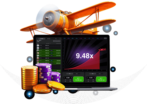 Orange vintage biplane above a laptop displaying a trading dashboard with a 9.48x multiplier and stacked coins in the foreground.