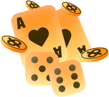 register96com Chemin de Fer - 96.com official website Orange casino-themed cards showing an ace of hearts with dice scattered around, signaling gambling games.