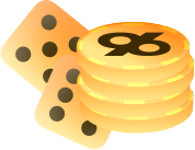 register96com Crash Dice - 96.com official website Two white dice with black pips leaning against a stack of shiny gold coins, conveying a gambling or luck theme.