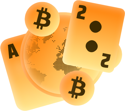 register96com Funding Your Casino Account - 96.com official website Bitcoin icons and orange dice swirl around a world map, symbolizing cryptocurrency gambling or a crypto casino concept.