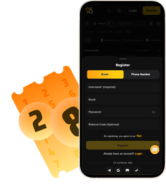 register96com How to Create an Account to Play lottery - 96.com official website Smartphone showing a dark signup screen with Email and Password fields, a Register button, and an orange lottery-ticket illustration in the background.