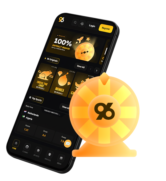 Promo image showing a dark betting app on a tilted smartphone with a large glowing orange coin logo in the foreground