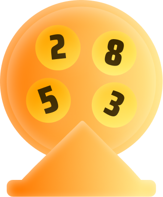Orange lottery ball machine with four yellow balls labeled 2, 8, 5, and 3 and a chute below.