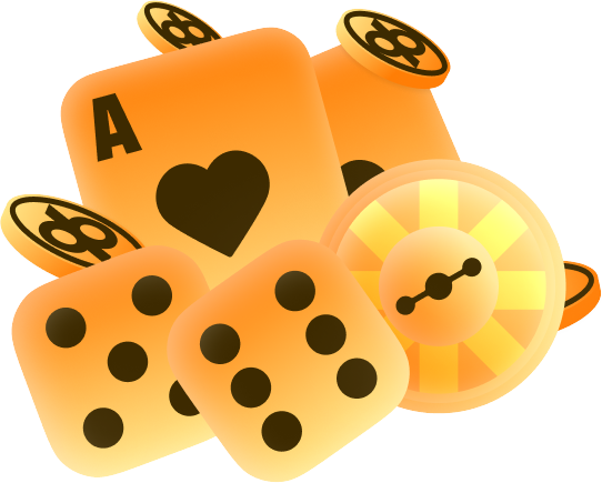 Casino gambling scene featuring orange dice, a playing card (Ace of hearts), and gold poker chips.