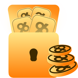 register96com Safety and Security - 96.com official website Orange safe with discount cards showing percent symbols and stacked coins, symbolizing savings.