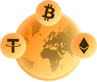 register96com Security and Fairness in Crypto - 96.com official website Glowing globe with a world map encircled by orange cryptocurrency icons for Bitcoin, Ethereum, and Tether.