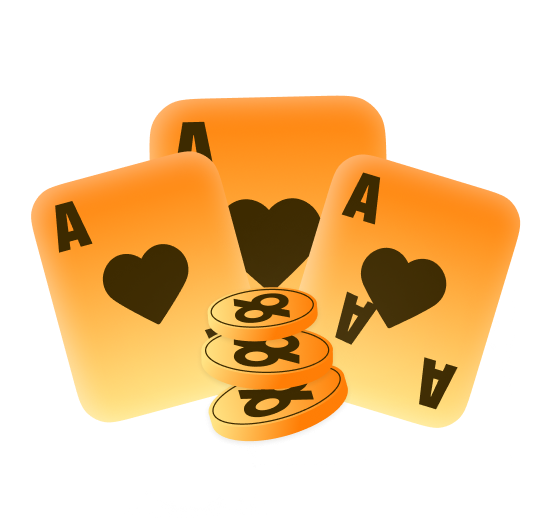 register96com Teen Patti - 96.com official website Three orange Ace of Hearts playing cards behind a pile of orange poker chips.