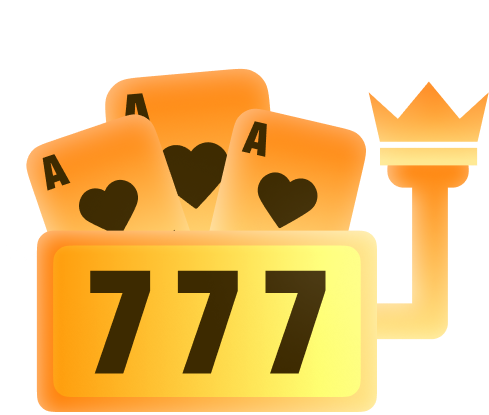 Glowing orange and yellow slot machine showing 777, with three Ace of hearts cards behind and a crown on the right, suggesting a jackpot.