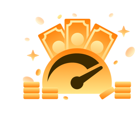 register96com - do your research - 96.com official website Orange speedometer gauge with stacks of cash and scattered coins, symbolizing quick cash or cash rewards.